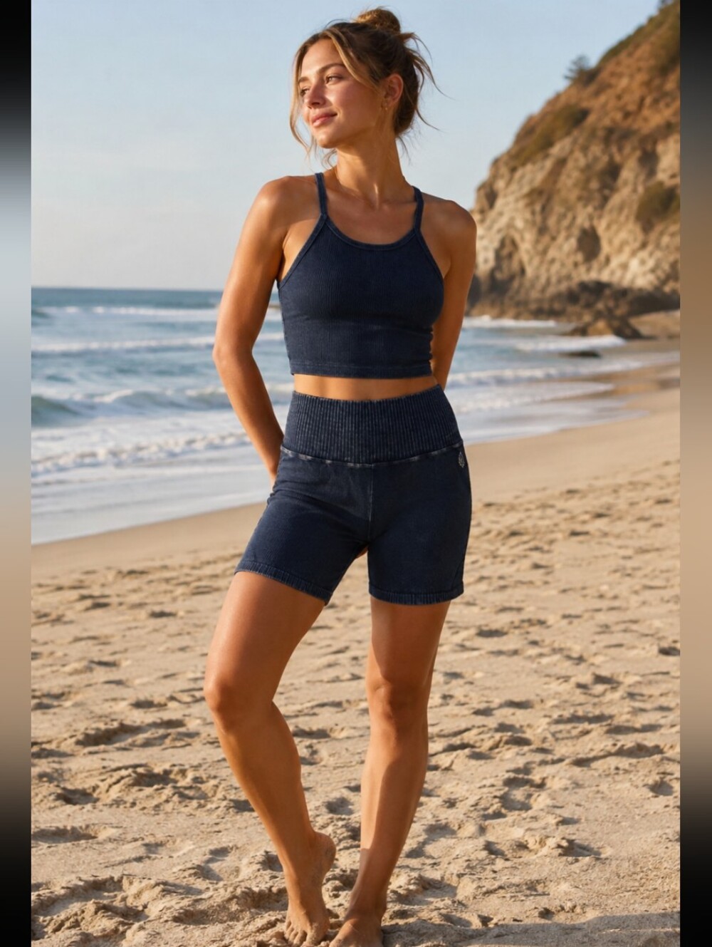 Free People Movement Blue Ribbed Tank Top  Shorts Compression Athletic Set M/L